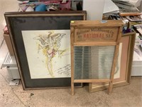 Reproduction washboard, assorted framed art