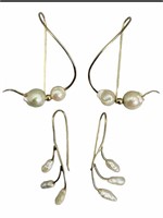 2 Pair 14k & Genuine Pearl Free Form Hook Earrings