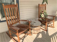 Porch set, rocking chairs, wine barrel table, etc