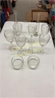 Etched glass set, wine goblets, 3 vases and 2