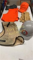 Orange hunt vest, lined leather gloves, hardhat,
