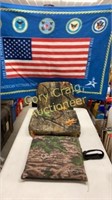 Camouflage seat cushions and patriotic blanket