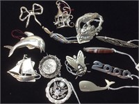 13 VINTAGE STERLING SILVER BROOCHES