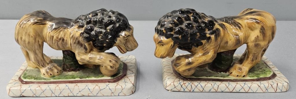Pair Pottery Lion Figures Contemporary