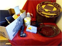 Wood boxes, binoculars, canister, purse,