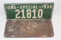 2 Iowa license plates 1930 & 1933
