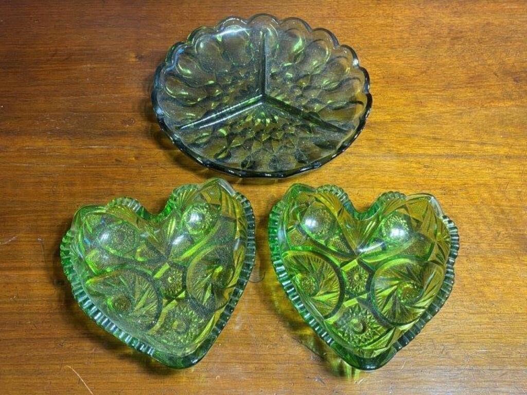 Green Glass Heart Bowls & Divided Dish