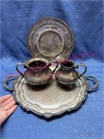 Silver plated creamer & sugar set on tray & plate