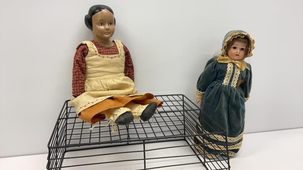 Greiner style doll and porcelain doll with stand