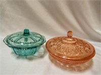 Teal Green Beaded Glass Covered Candy Dish &