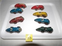 8-Tin Wind-up Race Cars, 1 car missing wheel