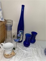 HAndblown clear vase w/ blue swirls, Cobalt blue..