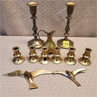 Lot of Brass Candlesticks, Sea Gulls & Pitcher