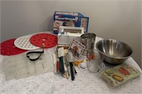Bakers lot,  pastry cloth, glass measuring cup