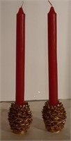 2 Gold Color Pinecone Candle Holders + 2 new Red