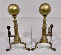 Brass andirons, cannonball tops, brass to log stop