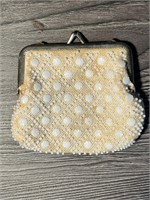 White & Silver Beaded Change Purse Bag 4.5"x4.5"