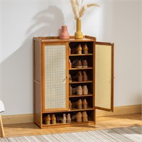 Bamboo Rattan Shoe Cabinet  2 Door  6 Tier  Brown