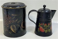 UNIQUE TOLE PAINTED TIN KETTLE & COVERED CANISTER