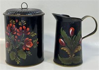 BEAUTIFUL TOLE PAINTED TIN W LID AND CREAMER