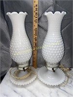 Pair of hobnail milk glass night stand lamps