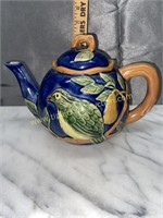 Blue teapot with bird and pears