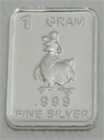 1 gram Silver Bar - Rooster, .999 Fine Silver