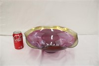 14" Cranberry w/ Gold Trim Glass Bowl
