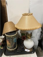 Milk glass lamp, hand painted lamp.