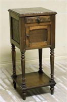 Louis XVI Style Marble Top Oak Side Cabinet.