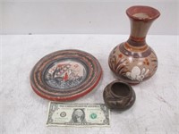 Vintage Mexican Tonala Vase & Plate w/ Birds &