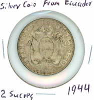 Silver Coin from Ecuador 2 Sucres 1944