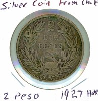 Silver Coin from Chile 2 Peso 1927 - Hole