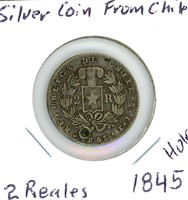 Silver Coin from Chile 2 Reales 1845 - Hole