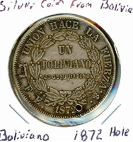 Silver Coin from Bolivia Boliviano 1872 - Hole