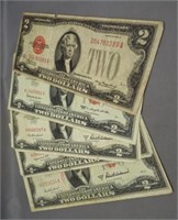 (5) $2 Red seal notes series of 1928 & 1953.