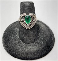 Gorgeous Sterling Faceted Emerald Heart Ring 3 Gr