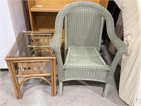 Wicker Chair & Glass Top Table w/ Bamboo Base