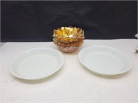 Pyrex pie plates and carnival glass bowls