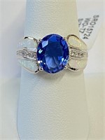 .925 Silver Tanzanite W/Opals Ring Sz 8   CH