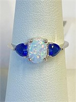 .925 Silver Opal & Heart Blue Sapphire Ring Sz 7