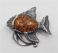 Sterling Silver Fish Amber Brooch