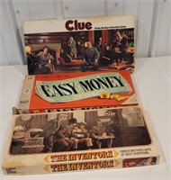 3 games - Clue, Easy Money, the inventor's