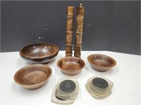 Wooden Bowls, Shakers & Vintage Coasters