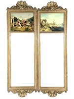 Pair Italian Gessoed & Gilt Mirrors w Inset Prints