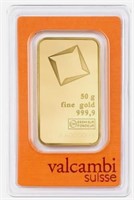 50 GRAM .999 FINE GOLD BAR - VALCAMBI SUISSE
