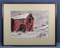 Winter Scene Painting of Barn