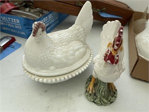 Chicken on Nest & Rooster