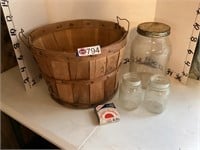 Vintage wooden apple basket and jars