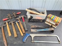 Assorted tools- hammers, crow bars, T-handles